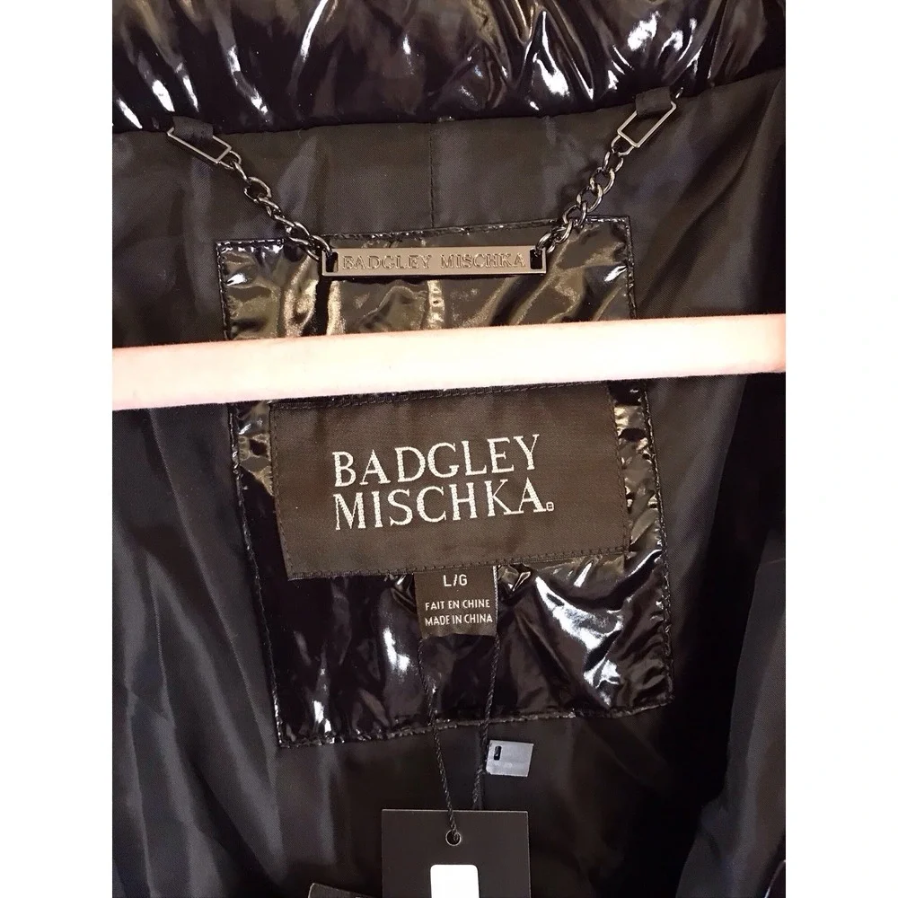 NWT Women BADGLEY MISCHKA‎ Roberta Coat Jacket Puffer Shiny Black  Vegan Down L